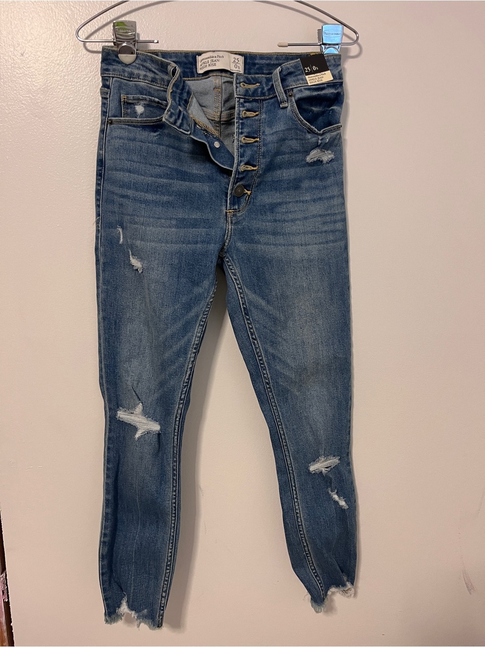 Abercrombie & Fitch Medium Blue High-Rise Distressed Skinny Jeans